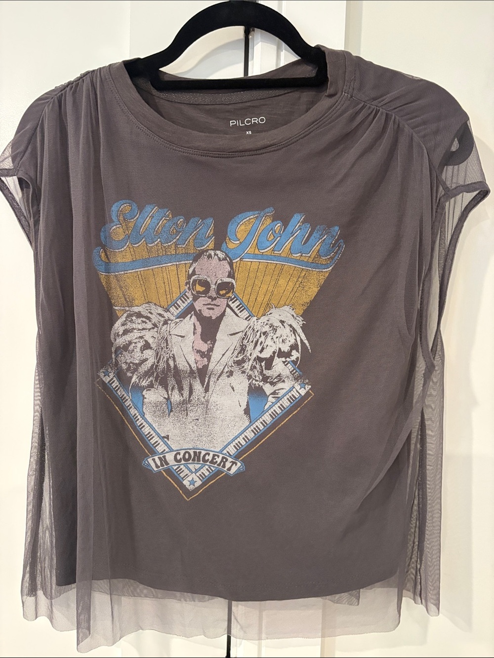 Pilcro Woman Charcoal Mesh Elton John Graphic Tee with Blue & Gold Size XS